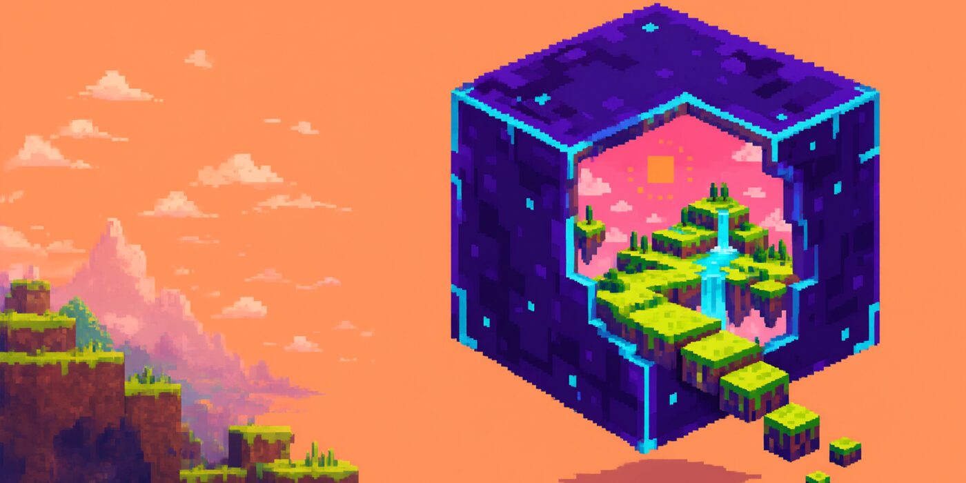 The violet METAVERSE cube cut open, a pink-dawn world of floating islands inside, grass blocks tumbling out